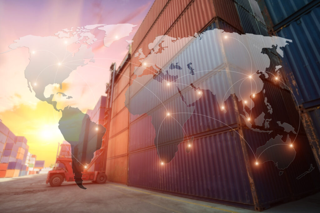 World map logistics partnership connection of container cargo freight ship on background. Transportation and business logistics concept for Logistic Import Export background.